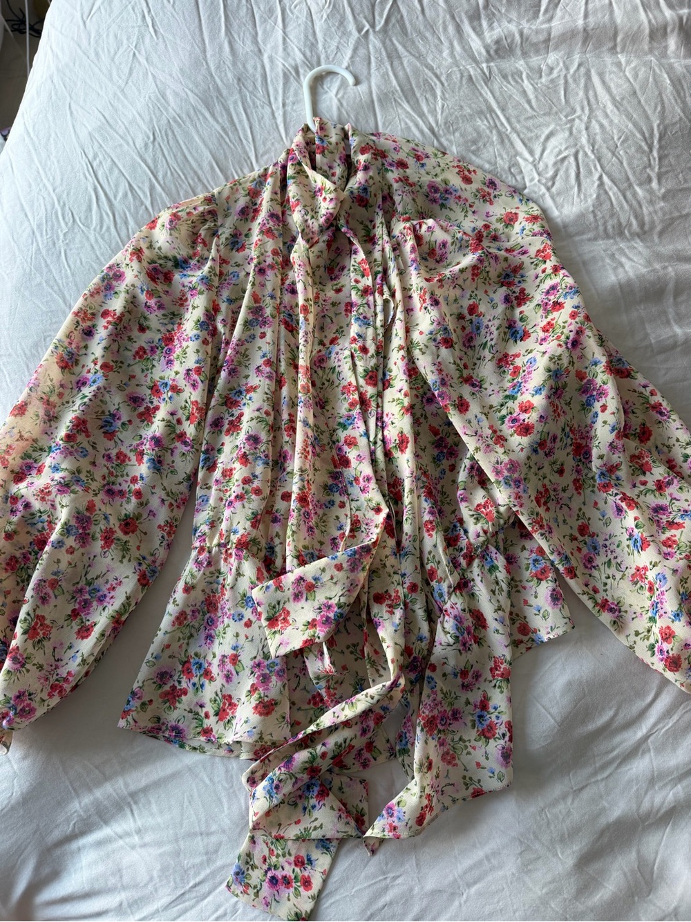Zara Cream Floral Tie-Neck Blouse with Pink & Blue Flowers